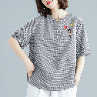 Elbow-sleeve Embroidered Plaid Blouse