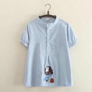 Short-sleeve Striped Cartoon Embroidered Blouse Blue - One Size