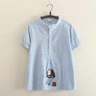 Short-sleeve Striped Cartoon Embroidered Blouse Blue - One Size