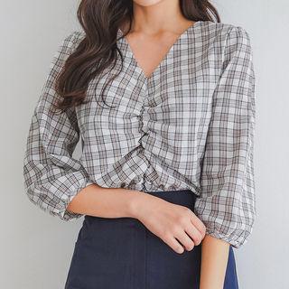 Shirred-front Plaid Top