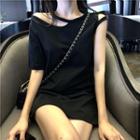 Short-sleeve Asymmetric Mini T-shirt Dress Black - One Size