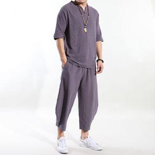 Set: Elbow-sleeve Notch-neck Top + Crop Baggy Pants