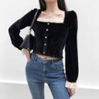 Lace Trim Long-sleeve Cropped Velvet Top
