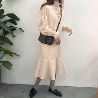 Set: Ruffle Trim Blouse + Sleeveless A-line Midi Dress