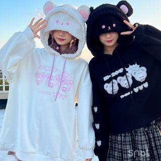 Cartoon Print Bear Ear Fleece Hoodie