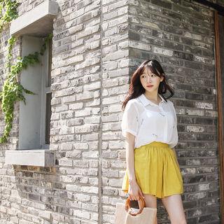 Puff-sleeve Flower-embroidered Chiffon Blouse