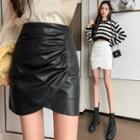 Shirred Faux Leather Mini Pencil Skirt