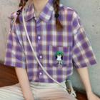 Elbow-sleeve Embroidered Plaid Shirt