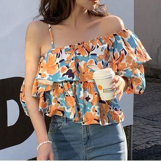 Spaghetti-strap Off-shoulder Floral Print Blouse Floral - Blue & Tangerine - One Size