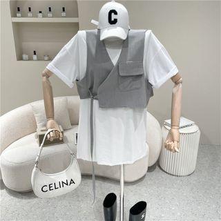 Set: Short-sleeve T-shirt + Asymmetrical Cropped Vest