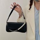 Faux Leather Hobo Bag With Faux-pearl Strap Black - One Size
