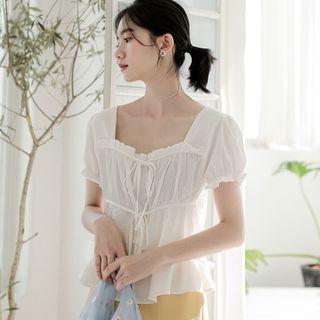 Square-neck Plain Bow Blouse White - One Size