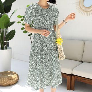 Puff-sleeve Smocked-waist Pattern Dress