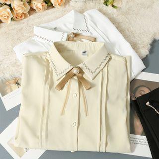 Ribbon-neckline Pleated Loose Shirt