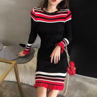 Long-sleeve Striped Sheath Knit Dress Black - One Size