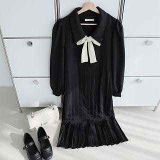 Collared Pleated Midi Dress With Sash Black - One Size