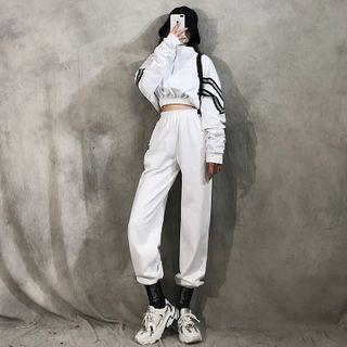 Set : Cropped Long-sleeve Sweatshirt + Sweatpants