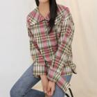 Sailor-collar Checked Shirt Pink - One Size