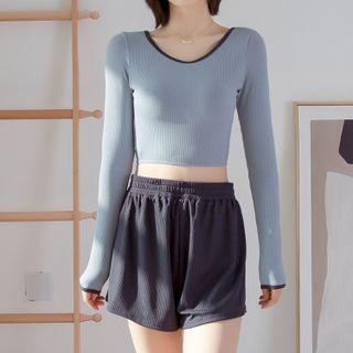 Set: Long Sleeve Cutout-back Swim Top + High Waist Bottom + Shorts
