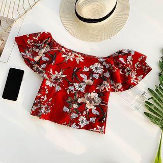 Off-shoulder Short-sleeve Floral Print Crop Top