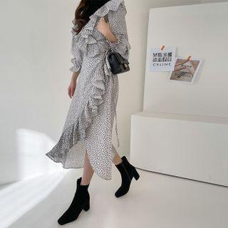 Balloon-sleeve Frill-trim Long Wrap Dress
