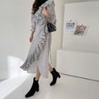Balloon-sleeve Frill-trim Long Wrap Dress