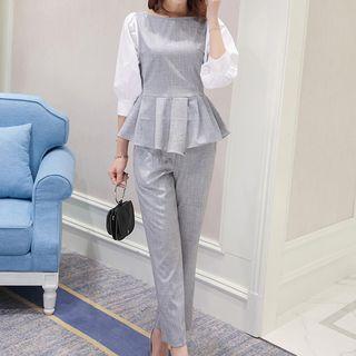 Set: Mock Two-piece Elbow-sleeve Peplum Top + Dress Pants