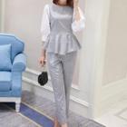 Set: Mock Two-piece Elbow-sleeve Peplum Top + Dress Pants