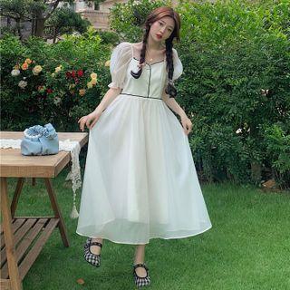 Puff-sleeve Contrast Trim Maxi A-line Dress