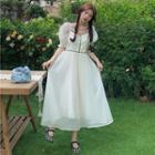 Puff-sleeve Contrast Trim Maxi A-line Dress