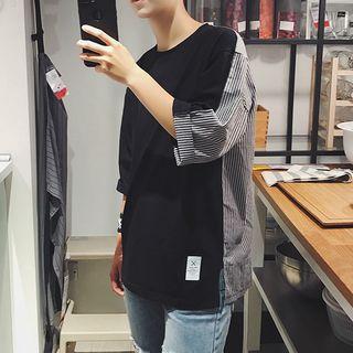 Mock Two-piece 3/4-sleeve Striped Panel Shirt