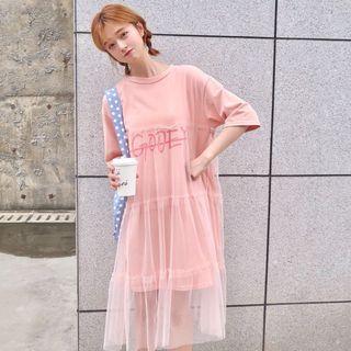 Mesh Panel Lettering Elbow-sleeve T-shirt Dress