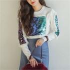 Crew-neck Sequined-panel Knit Top