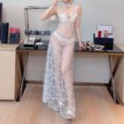Sleeveless Floral Embroidered Cutout Mesh Maxi Dress