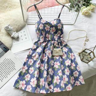Flower Print A-line Sundress Blue - One Size