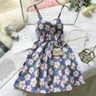 Flower Print A-line Sundress Blue - One Size
