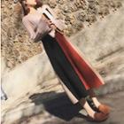 Set Of Two: Bell Sleeve Plain Knitted Sweater + Tie Waist Color-block Maxi Skirt