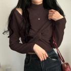 Set: Long-sleeve Off-shoulder Twist Crop Top + Sleeveless Turtleneck Top