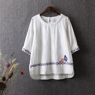 Bird Embroidered Elbow Sleeve Top
