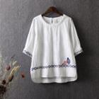 Bird Embroidered Elbow Sleeve Top