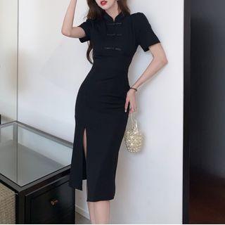 Short-sleeve Frog Buttoned Midi Qipao Dress