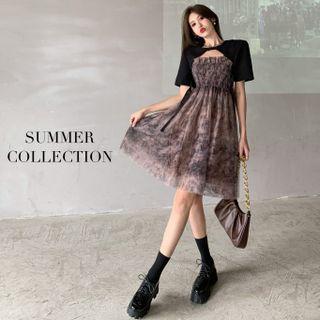 Tie Shoulder Smocked Mesh A-line Dress / Short Sleeve Cape Top