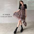 Tie Shoulder Smocked Mesh A-line Dress / Short Sleeve Cape Top
