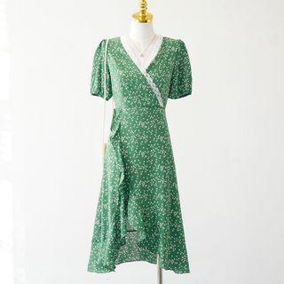 V-neck Floral Lace Ruffle A-line Dress