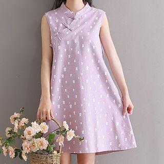 Sleeveless Patterned Frog Buttoned A-line Dress