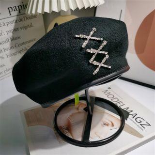 Embellished Cross Beret Hat Black - One Size