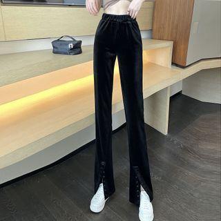 Elastic Waist Straight Leg Slit Velvet Pants