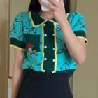 Short-sleeve Double Breasted Knit Top Green - One Size