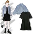 Denim Jacket / Short-sleeve Buttoned A-line Mini Dress