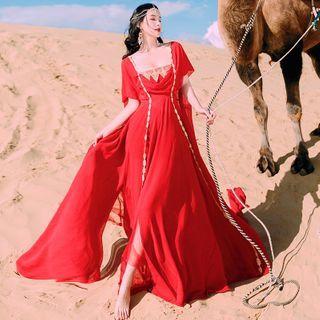 Short-sleeve Maxi A-line Dress / Lace Shawl / Set